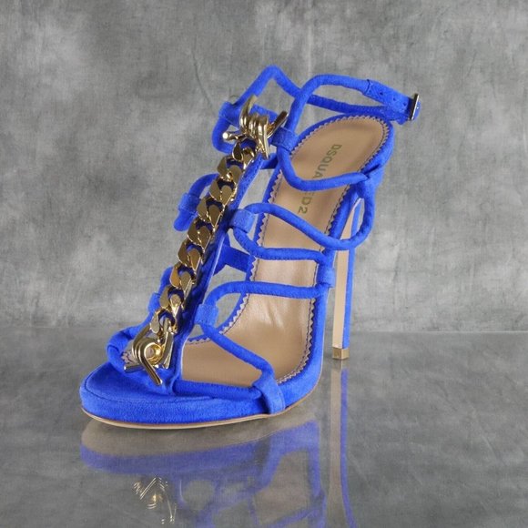 NIB Dsquared2 BABE WIRE Gold-Tone Chain Blue STILETTO HEELS Sz 6* US 36 EU  ANB - Picture 1 of 13